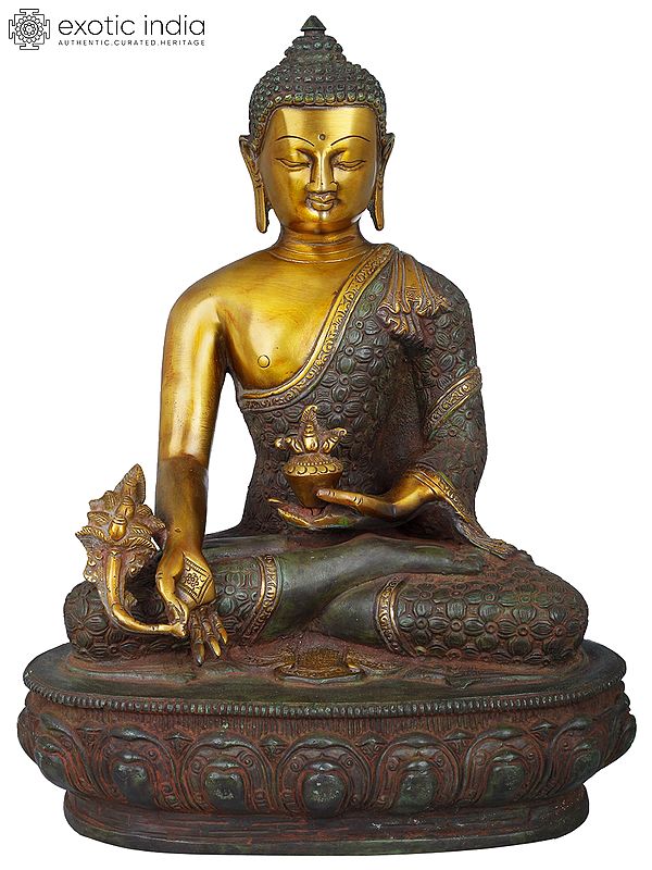 13" Medicine Buddha Idol Robe Decorated with Vishwa Vajra | Handmade Brass Statue
