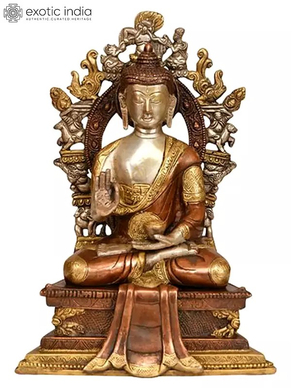 Lord Buddha Seated on Six-ornament Throne of Enlightenment In Brass | Handmade | Made In India