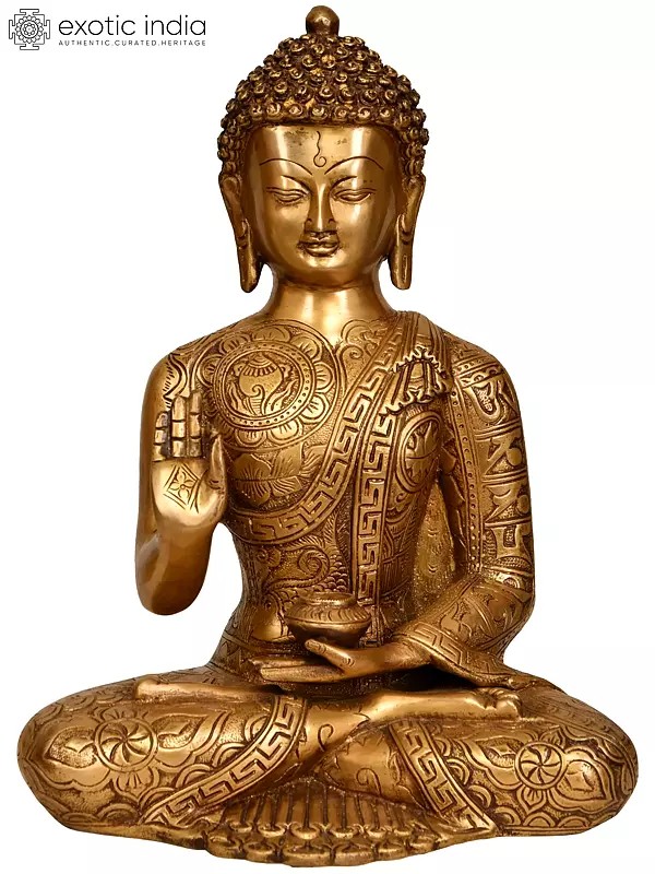 12" Buddha, His Hand In Vitark Mudra, Auspicious Symbols/Mantras On The Robe In Brass | Handmade | Made In India