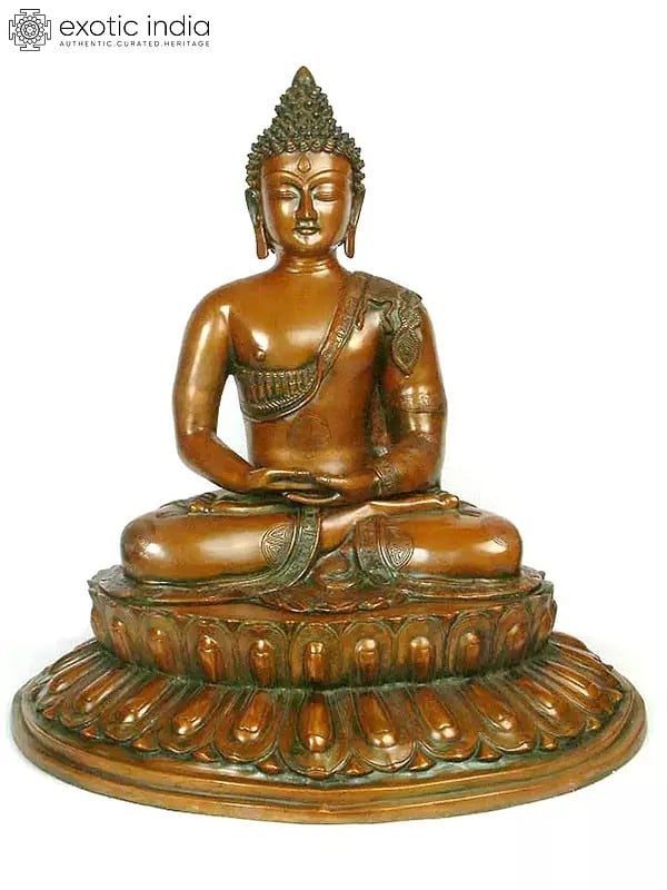 21" Buddha Steeped In Meditation Upon A Blooming Lotus In Brass | Handmade | Made In India