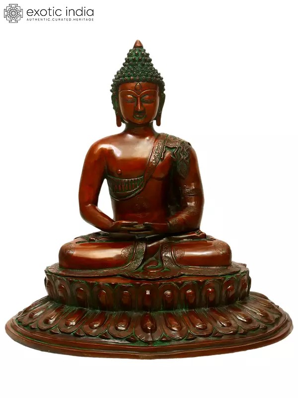 21" Buddha Steeped In Meditation Upon A Blooming Lotus In Brass | Handmade | Made In India