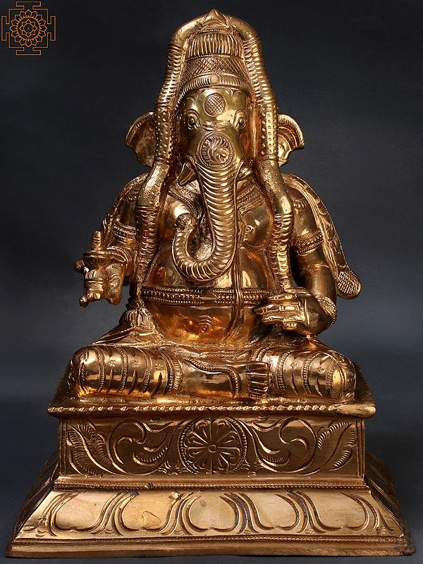 9" Ganesha Wearing a Long South Indian Garland, Shivalinga In His Hand Panchaloha Bronze