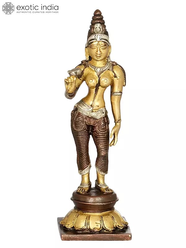7" Standing Parvati Shivakamasundari, A Lotus In Her Hand, Her Crown Towering Atop Her Head