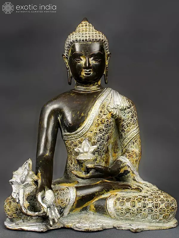 10" Seated Bhaishajyaguru With Myrobalan In His Hand In Brass