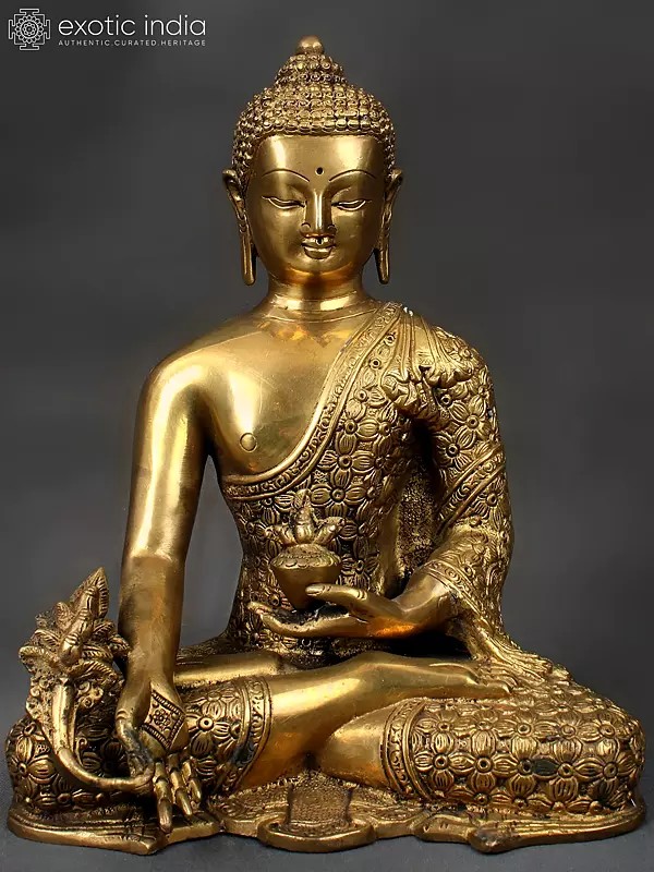 10" Seated Bhaishajyaguru Brass Statue with Myrobalan - Spiritual Healing Decor for Your Home