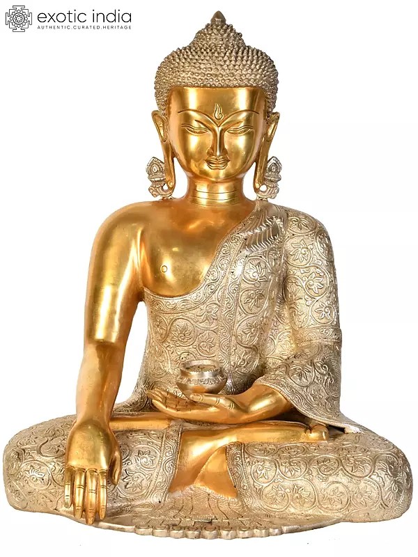 17" Lord Buddha Wearing a Carved Robe (Tibetan Buddhist) In Brass | Handmade | Made In India