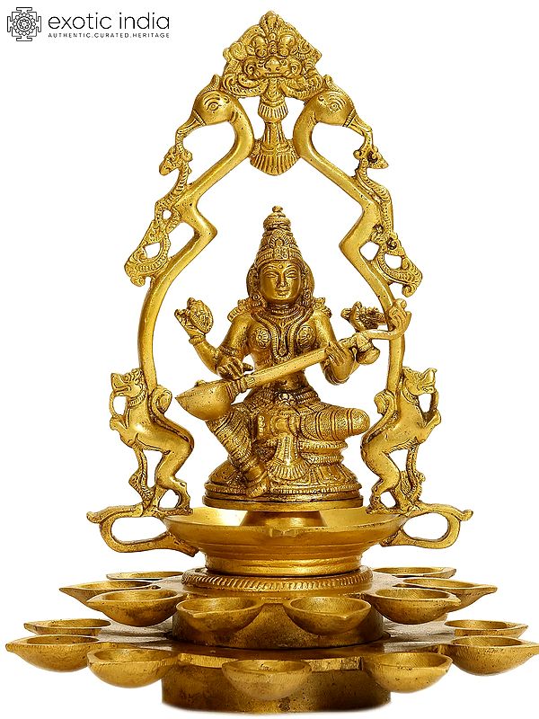 12" Goddess Saraswati with Multiple Diyas in Brass | Handmade | Made in India