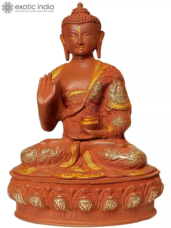 14" Tibetan Buddha In Terracotta Finish, Robes Embossed With Scenes From His Life In Brass | Handmade | Made In India