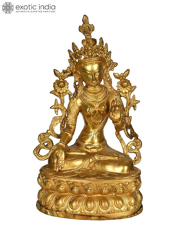 14" Buddhist Goddess White Tara Brass Sculpture – Embodiment of Compassion and Healing, Handmade in India