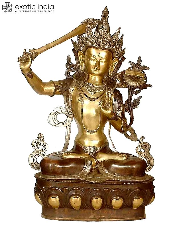39" Large Manjushri Brass Statue - Bodhisattva of Transcendent Wisdom | Handmade Tibetan Buddhist Deity Idol