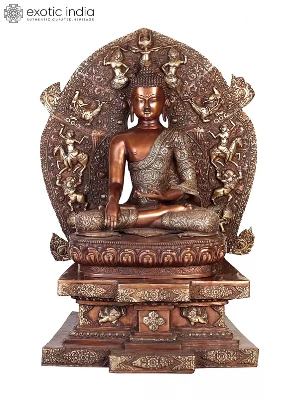 34" Handmade Buddha Bhumisparsha Mudra Brass Statue – Seated on Mystical Throne | Made in India