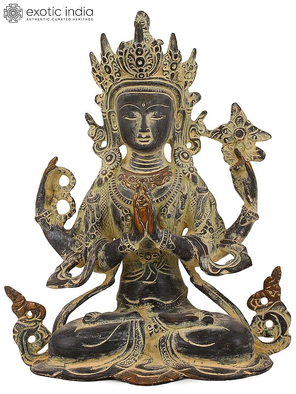 10" Four-armed Avalokiteshvara, Chenrezig In Tibetan In Brass | Handmade | Made In India
