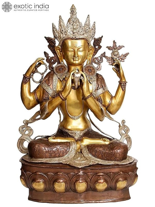 38" Large Size Four-Armed Avalokiteshvara (Tibetan Buddhist Deity) In Brass | Handmade | Made In India