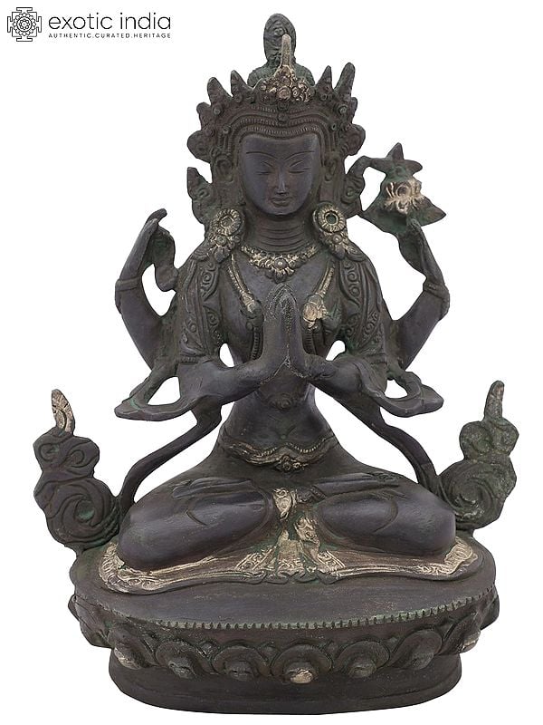 8" Chenrezig (Shadakshari Lokeshvara), Most Popular Tibetan Deity In Brass | Handmade | Made In India