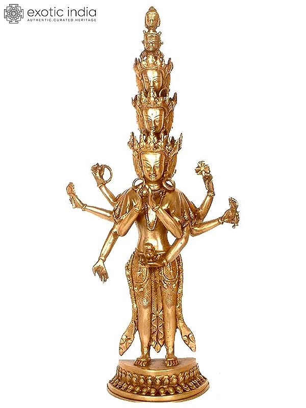 23" Eleven-Headed Eight-Armed Avalokiteshvara Brass Statue | Handmade | Made in India