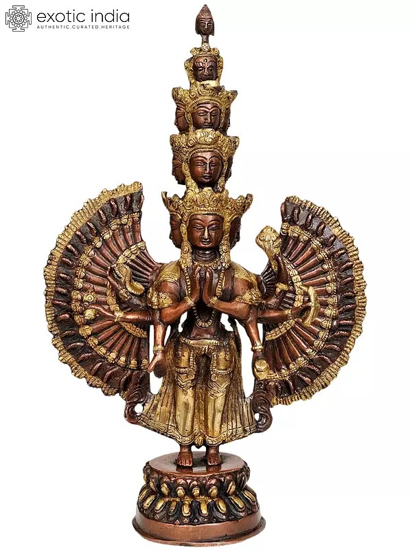 14" The Eleven Heads, The Thousand Arms of Avalokiteshvara Brass Statue | Handmade | Made in India