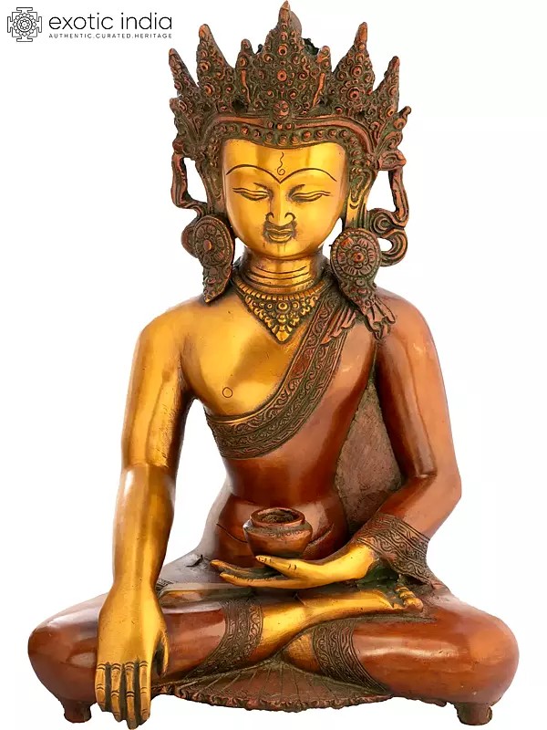 14" Buddha In Bhumisparsha Mudra, His Exquisite Crown And Karnaphool Standing Out In Brass | Handmade | Made In India