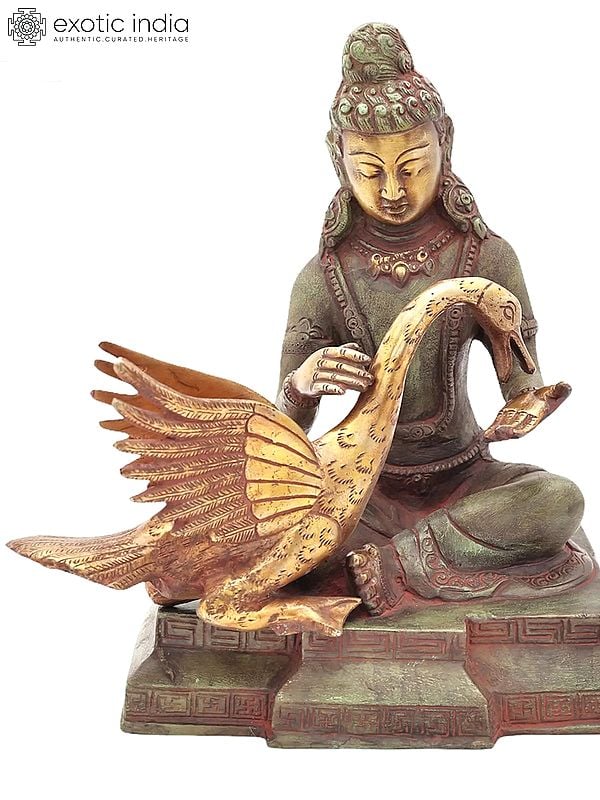 9" Tibetan Buddhist Deity Siddhartha Nursing the Wounded Swan (Kindness Personified) in Brass | Handmade | Made In India