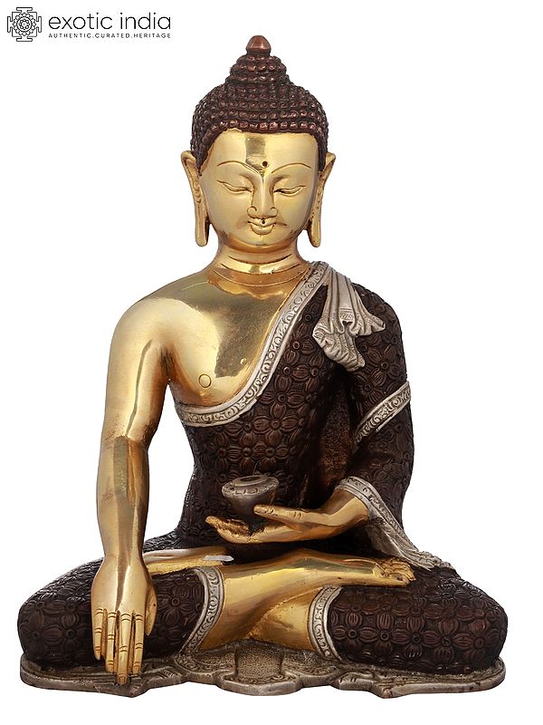 10" Brass Bhumisparsha Buddha Statue in Intrinsic Carved Robe | Handmade | Made in India
