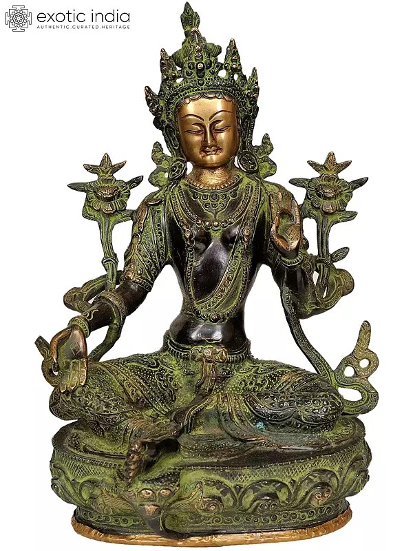 12" Green Tara Idol Seated Gracefully on A Lotus | Handmade Buddhist Deity Statues