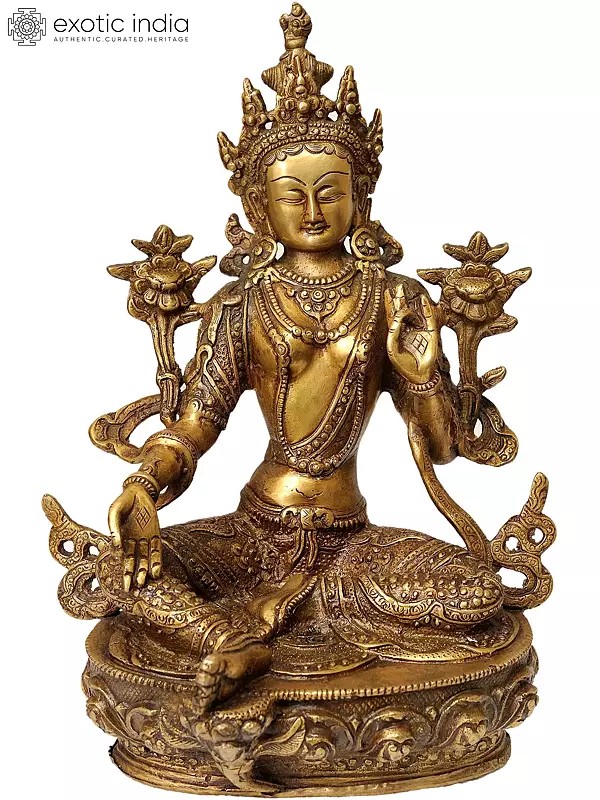 12" Green Tara Idol Seated Gracefully on A Lotus | Handmade Buddhist Deity Statues
