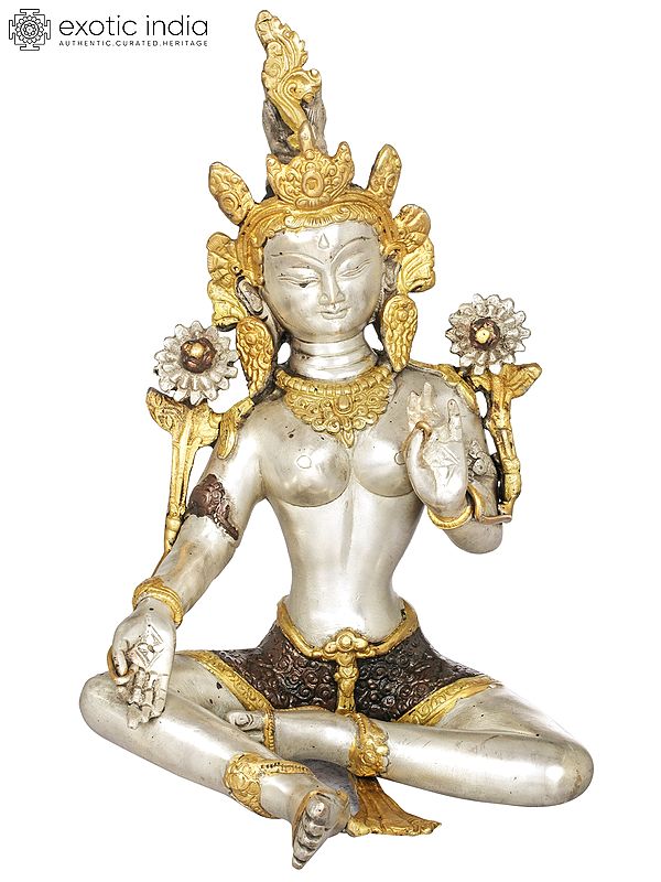 10" Steeped In Meditation, Green Tara's Soft, Silvery Beauty In Brass | Handmade | Made In India