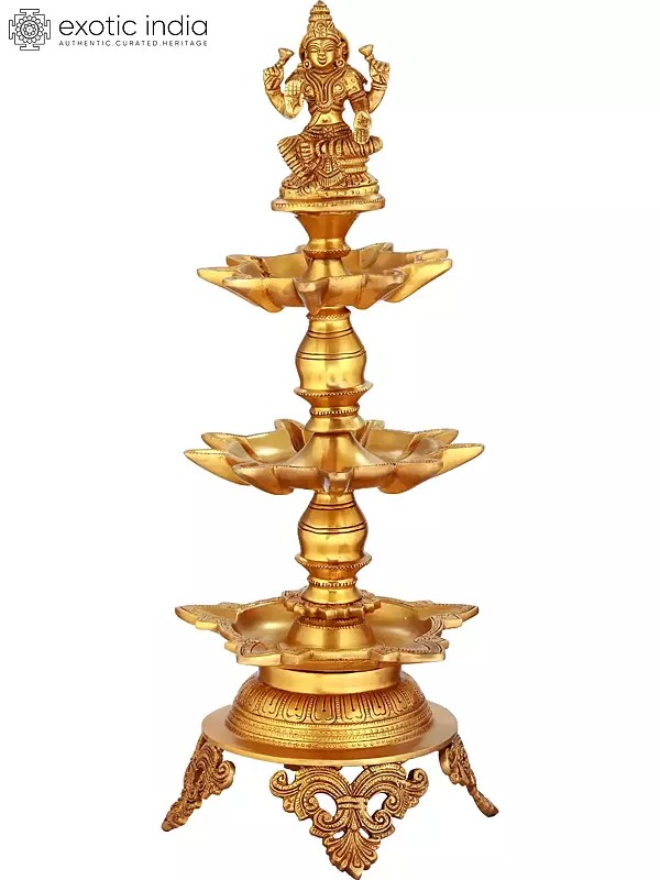 20" Goddess Lakshmi Twenty-Three Wicks Puja Lamp in Brass | Handmade | Made in India