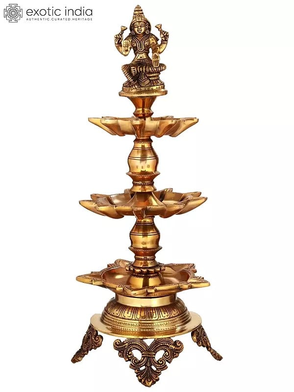 20" Goddess Lakshmi Twenty-Three Wicks Puja Lamp in Brass | Handmade | Made in India