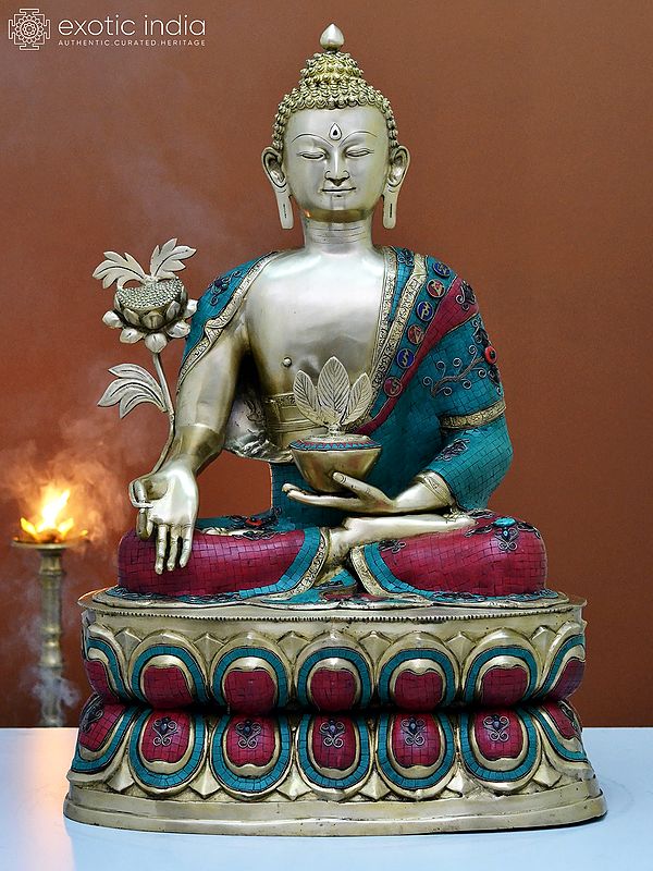 38" Large Brass Medicine Buddha with Inlay Work | Handmade