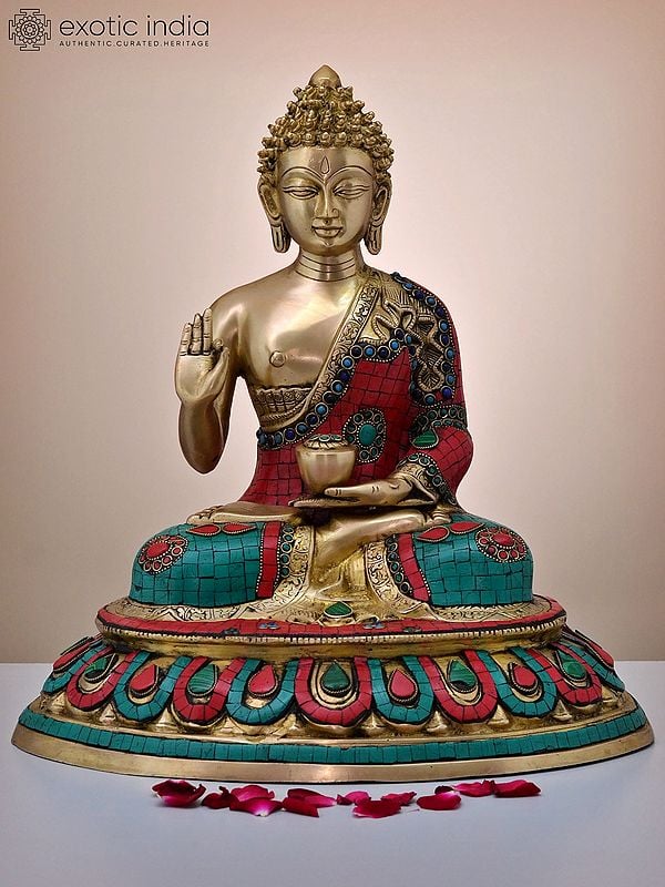 16" Brass Gautam Buddha Preaching His Dharma with Inlay Work | Handmade