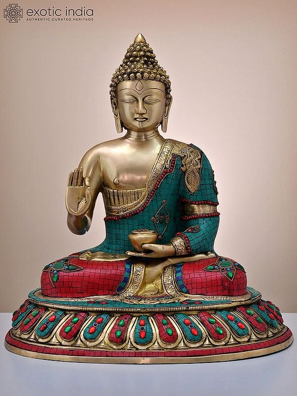 20" Brass Gautam Buddha Preaching His Dharma with Inlay Work | Handmade