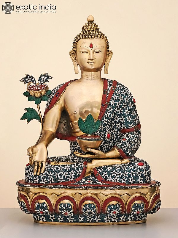 34" Large Brass Medicine Buddha with Inlay Work | Handmade