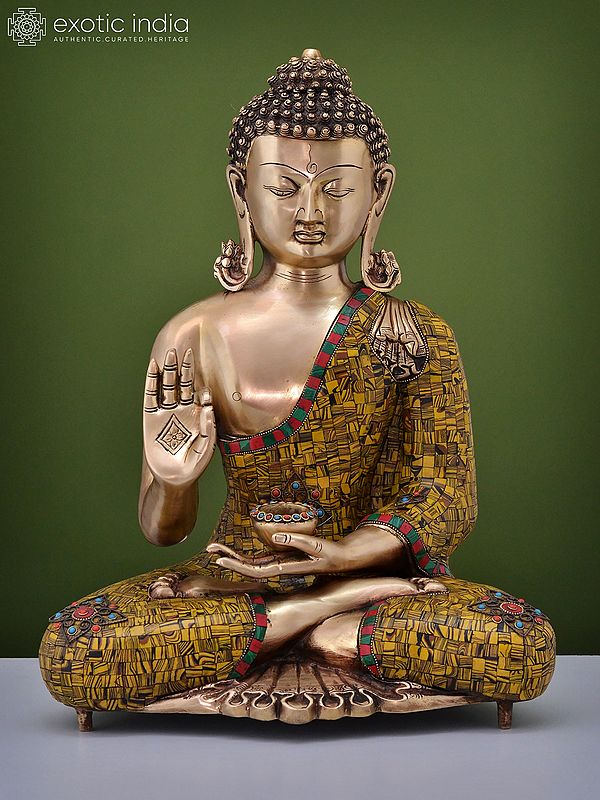 20" Brass Gautam Buddha Preaching His Dharma with Inlay Work | Handmade