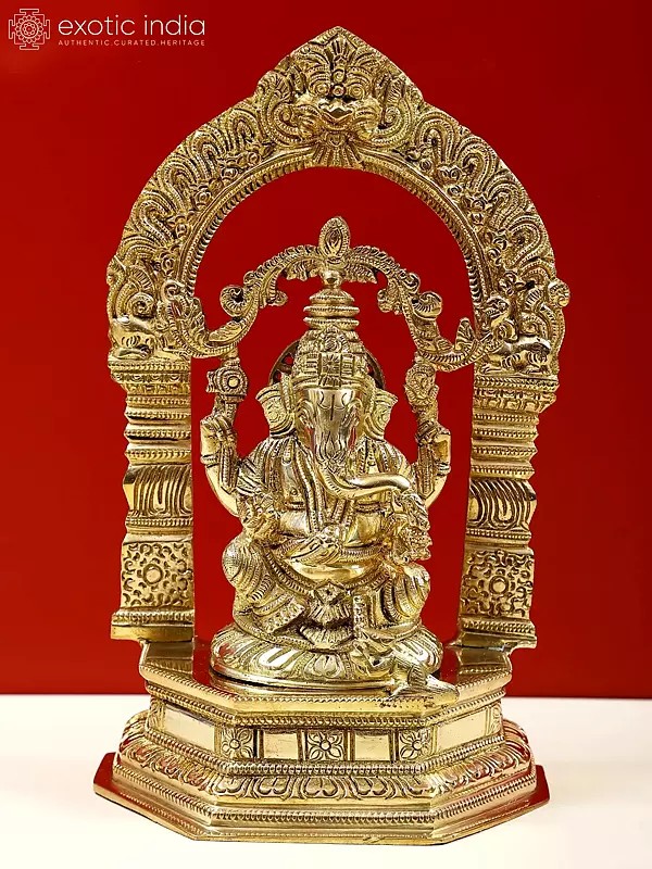 9" Fine Lord Ganesha on Pedestal with Kirtimukha Prabhavali