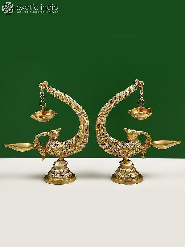 8" Brass Pair of Peacock Lamp with Five Wicks Diya Hanging on Peacock's Tail