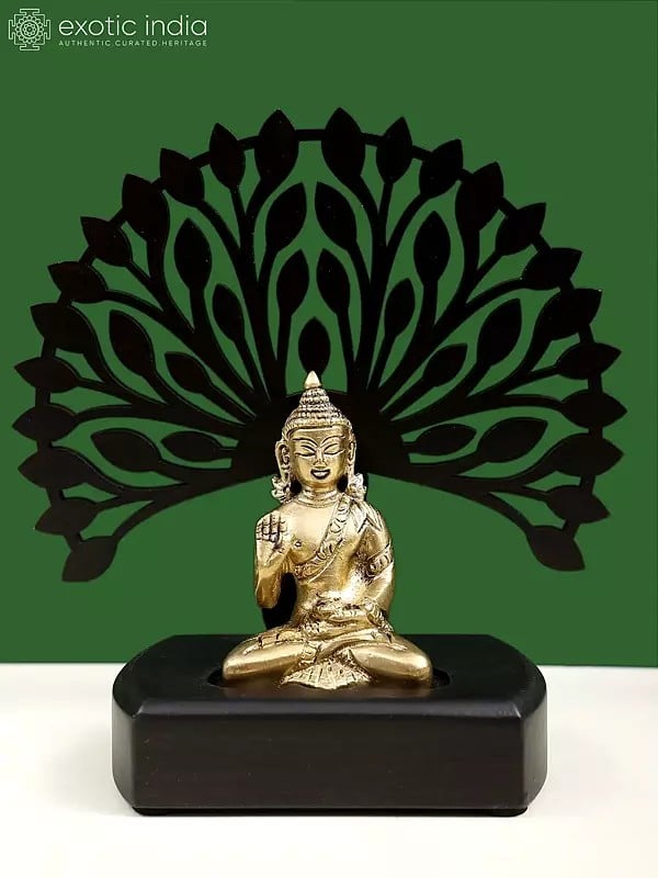 6" Small Brass Lord Buddha with Wooden Tree