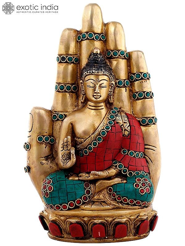 9" Buddha Seated in the Backdrop of Blessing Hand- Brass Statue with Inlay Work In Brass | Handmade | Made In India