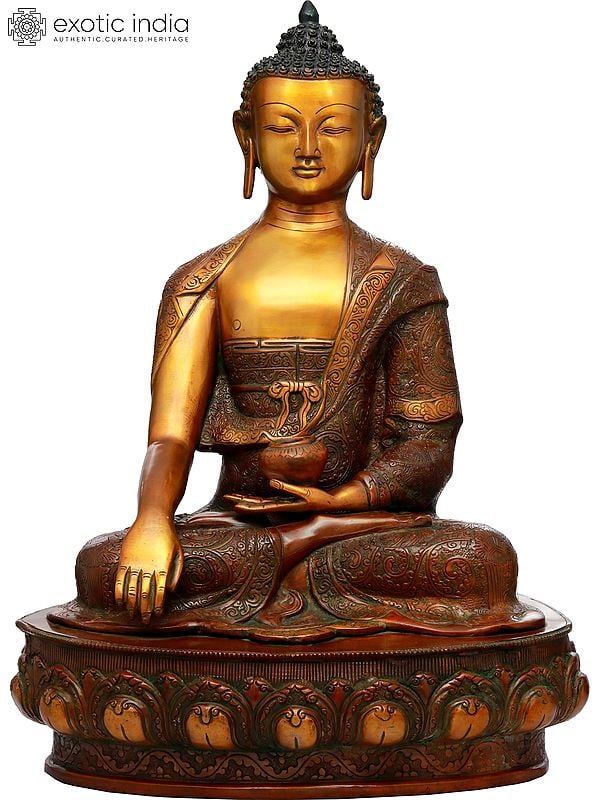 20" Lord Buddha in Earth Touching Gesture Wearing a Fullly Carved Robe (Tibetan Buddhist) In Brass | Handmade | Made In India