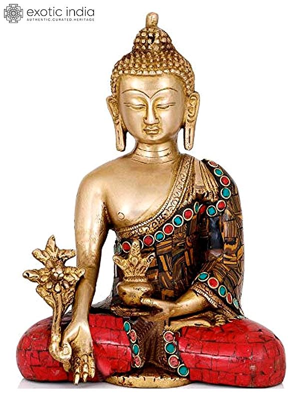 7" Tibetan Buddhist Deity Medicine Buddha with Inlay Work In Brass | Handmade | Made In India