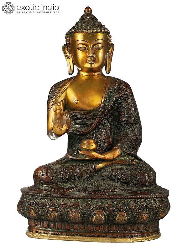 12" Tibetan Buddhist Deity Preaching Buddha Wearing a Carved Robe In Brass | Handmade | Made In India