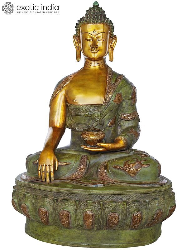 32" Tibetan Buddhist Lord Buddha in Bhumisparsha Mudra Wearing a Robe Carved With Auspicious Symbols - Large Size In Brass | Handmade | Made In India