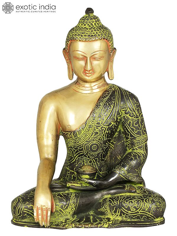 11" Tibetan Buddhist Lord Buddha in Bhumisparsha Mudra Wearing a Carved Robe In Brass | Handmade | Made In India