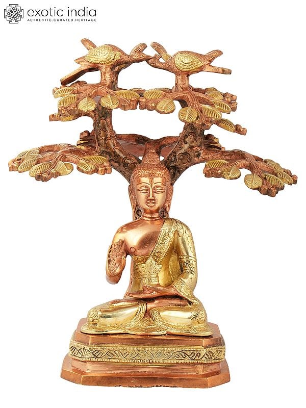 9" Lord Buddha Preaching Under The Bodhi Tree (Tibetan Buddhist) In Brass | Handmade | Made In India