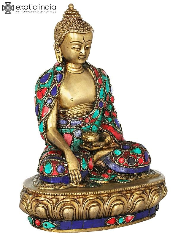 8" Lord Buddha in Bhumisparsha Mudra (Inlay Statue) In Brass | Handmade | Made In India