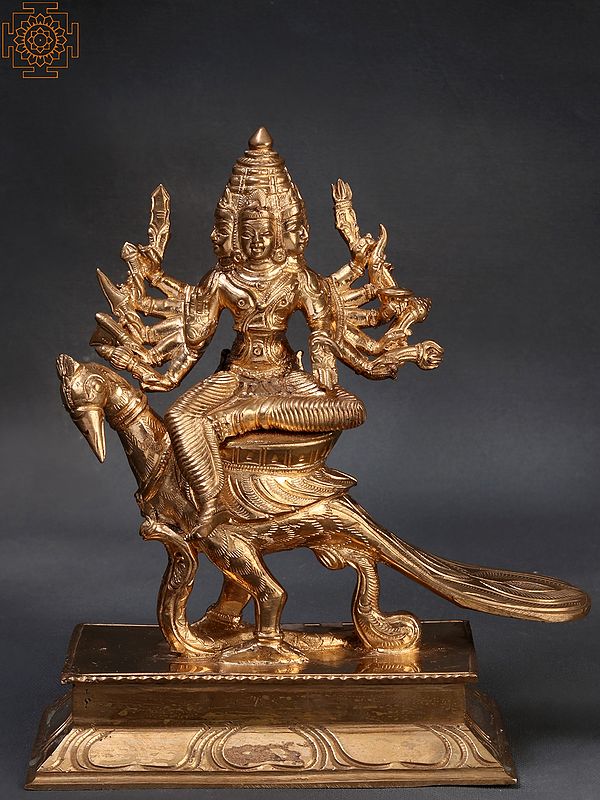 7" Six Headed Karttikeya Seated on a Peacock (Murugan) | Handmade | Madhuchista Vidhana (Lost-Wax) | Panchaloha Bronze from Swamimalai