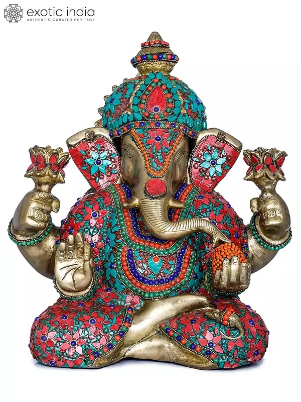13" Lord Ganesha Holding Lotus Flowers in Hands In Brass | Handmade | Made In India