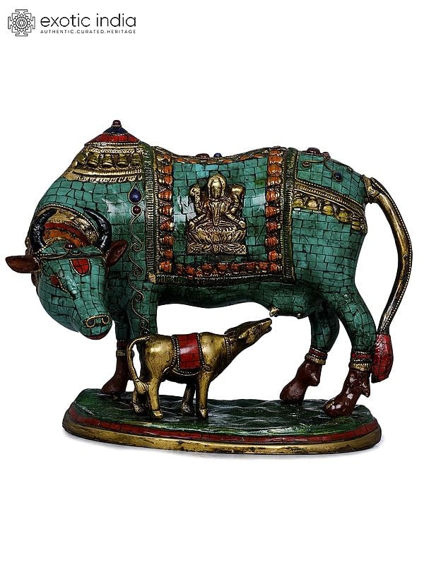 8" Cow and Calf - Lakshmi Ganesha Carved On Saddle In Brass | Handmade | Made In India