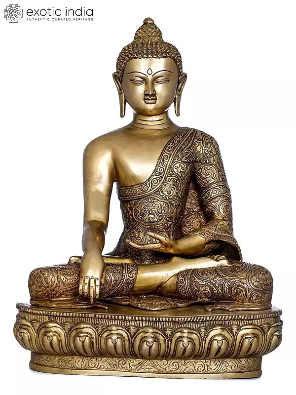 21" Shakyamuni Buddha Brass Statue in Bhumisparsha Mudra Wearing Fully Carved Robe