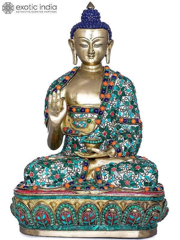 16" Heavenly Glamour of Buddha Brass Statue with Inlay Work | Handmade