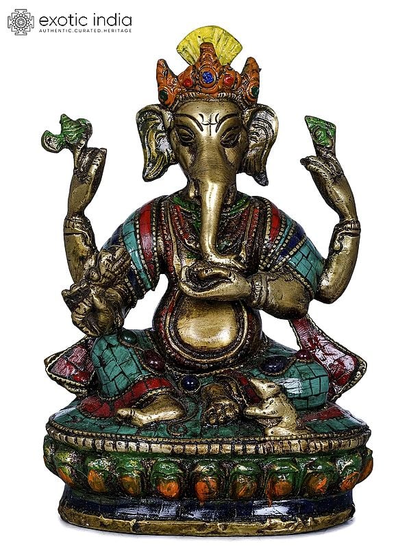 6" Inlay Statue of Ganesha in Nepalese Style in Brass | Handmade | Made In India